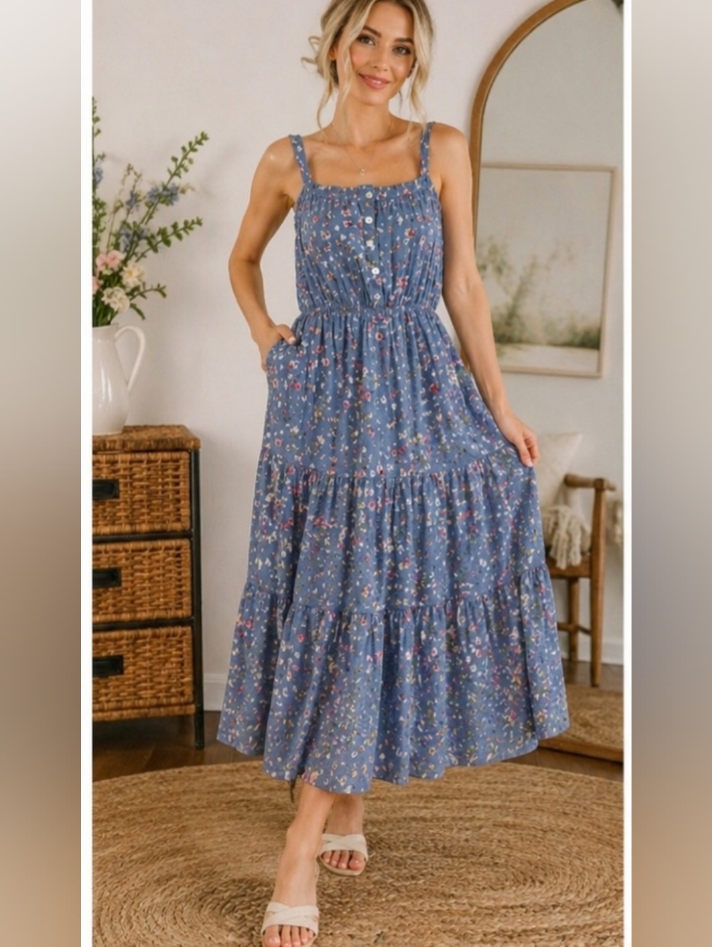 Robert Louis Blue Floral Midi Dress Tiered Cottagecore Smocked Waist Sundress L
